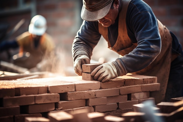 photo bricklaying construction worker building a brick wall