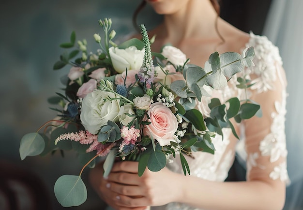 Photo of a bride holds holding a fresh wedding bouquet of flowers in her hands