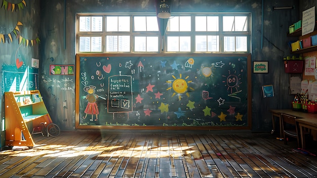 Photo of a Bright Classroom with a Blackboard