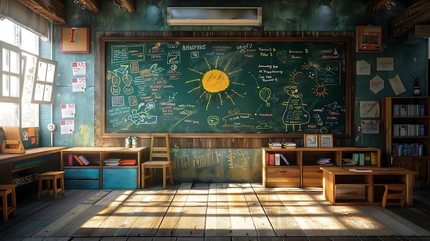 Photo of a Bright Classroom with a Blackboard