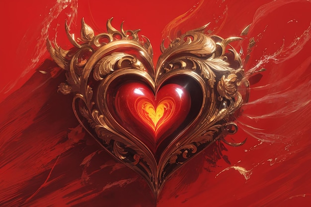 Photo bright fiery heart on a red background