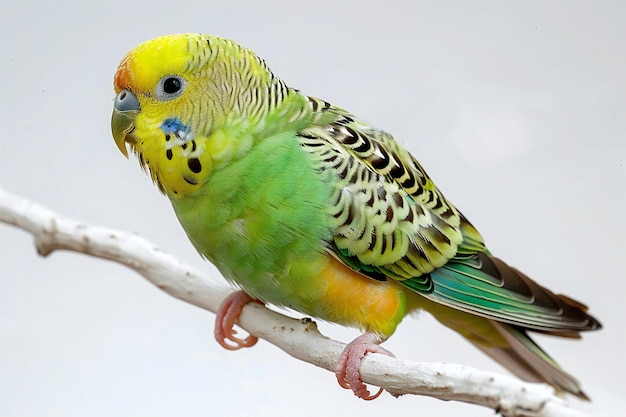 Photo of a budgie perched on an short white branch green and yellow colors isolated against a clea