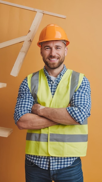 Photo photo the builder in a construction vest and orange helmet standing on studio background