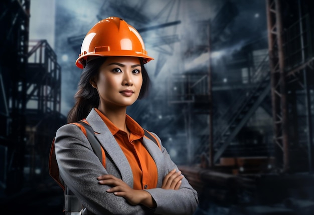 Photo building construction and industrial concept smiling asian women architect engineer in helmet