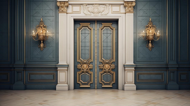 a photo of a building with a gold door and a gold frame