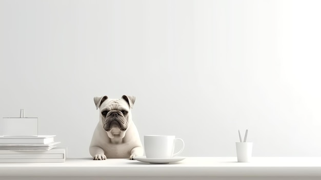 Photo of a Bulldog sitting in a study with a mug and stacks of books