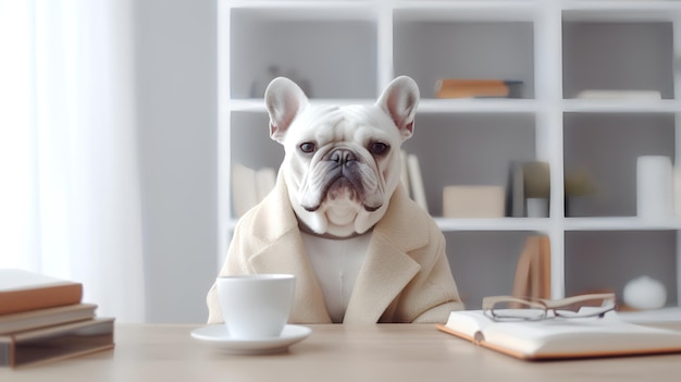 Photo of a Bulldog sitting in a study with a mug and stacks of books