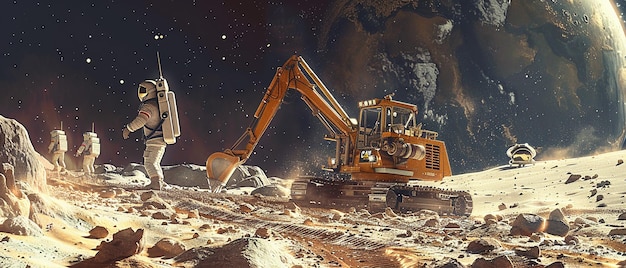 a photo of a bulldozer in front of a backdrop of a planet