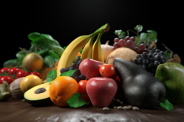 A photo of a bunch of fruit including bananas, bananas, and other fruits.