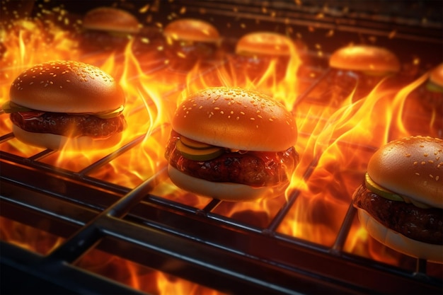 Photo burgers on a grill with a flame behind them