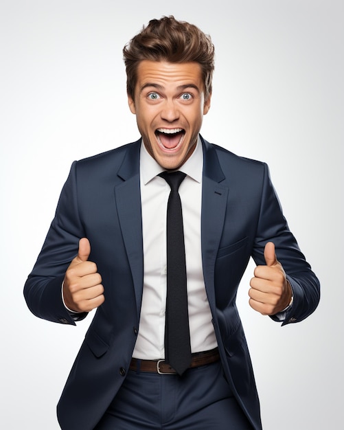 photo business concept portrait of excited man dressed in formal wear giving thumbs up