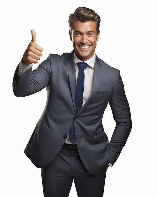 photo business concept portrait of excited man dressed in formal wear giving thumbs up