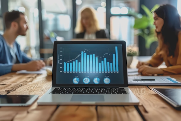 A photo of the Business team sitting in a meeting graphs on a monitor board laptop modern office