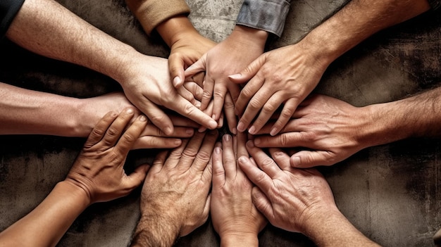 Photo business teamwork concept top view of hands joined together Generative AI