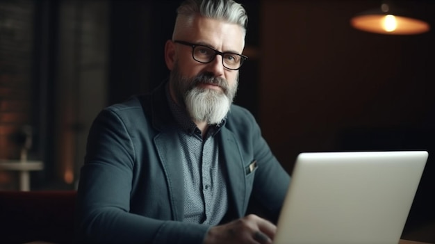 photo of businessman using laptop computer in office