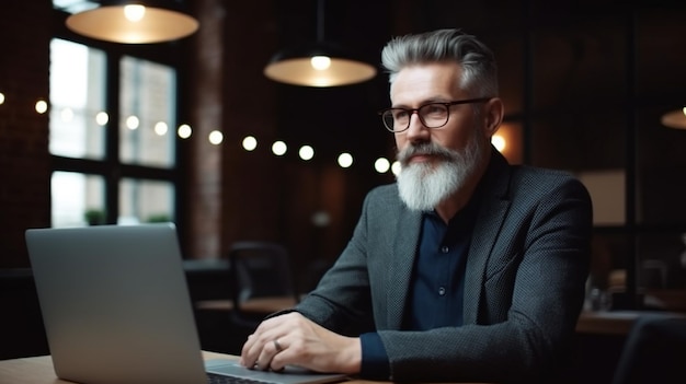 photo of businessman using laptop computer in office