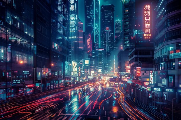 Photo of a bustling cyberpunk cityscape at night