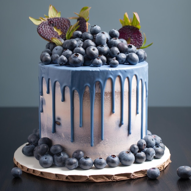 Photo a cake with blueberries on it and the word blue on the bottom ai generated