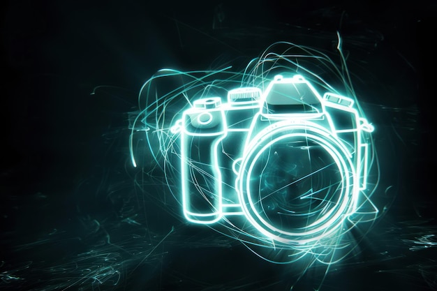 Photo photo camera glowing icon with abstract motion lines on black background