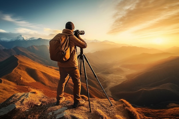 Photo of cameraman taking mountain landscape photo during sunset AI generated