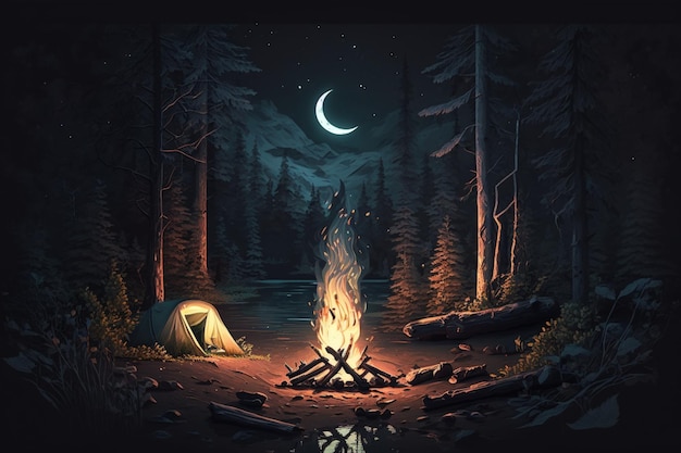 Photo of camping in a dark forest campfire night forest moonlight evening by the fire