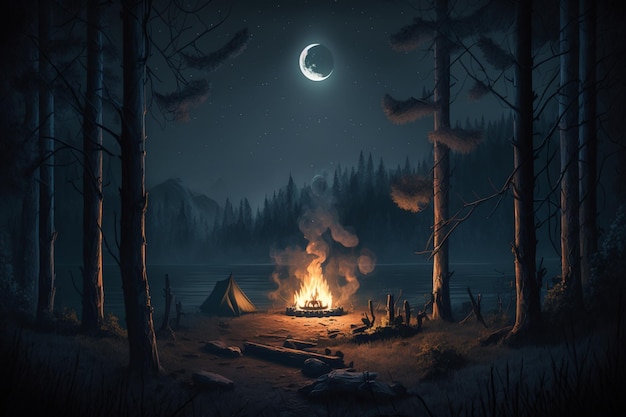 Photo of camping in a dark forest campfire night forest moonlight evening by the fire