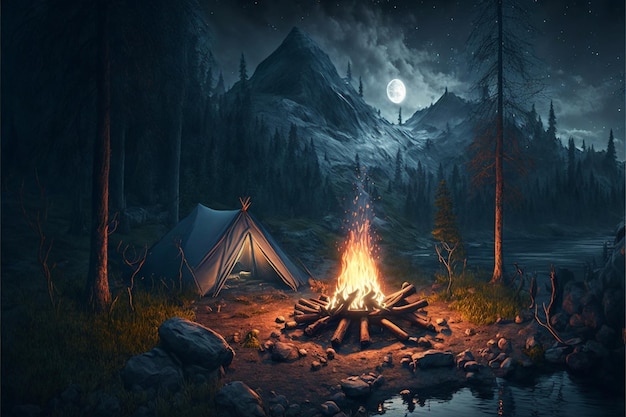 Photo of Camping in a dark forest campfire night forest moonlight evening by the fire