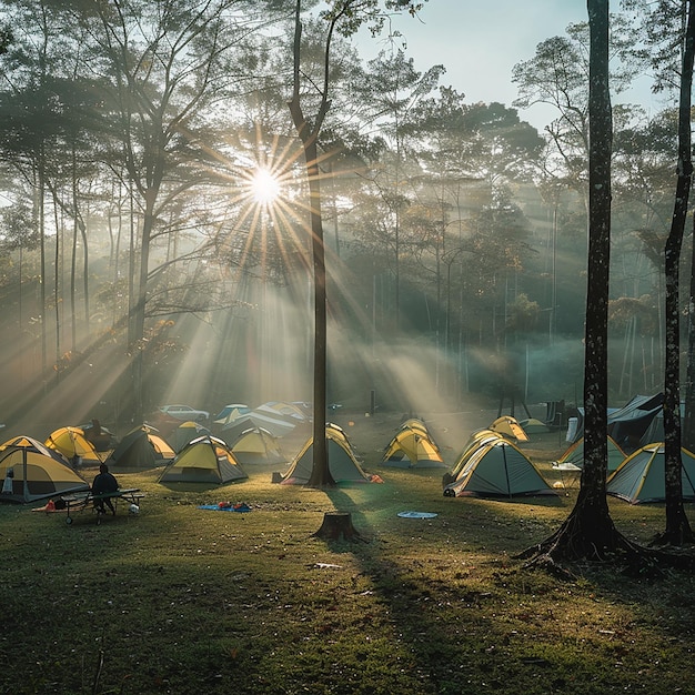 photo camping tents under pine trees with sunlight at pang ung lake mae hong son in thailand