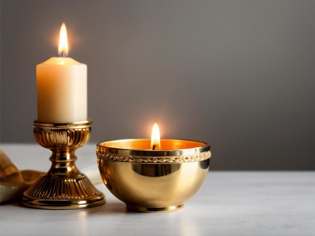 Photo candle golden cup bowl and cross on table on white background space for text