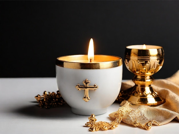 Photo candle golden cup bowl and cross on table on white background space for text