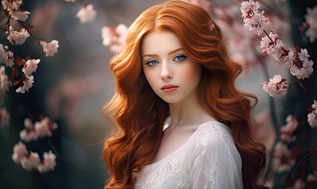 The photo captured the mesmerizing essence of a gorgeous female her auburn hair cascading in graceful waves designe