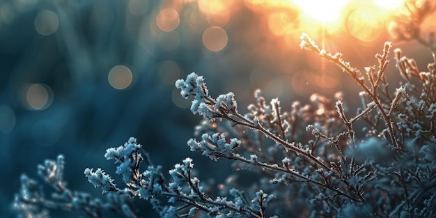 A photo capturing a detailed view of a plant covered in snow highlighting the frosty winter morning atmosphere