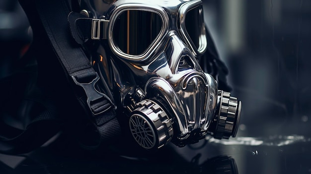 A Photo capturing a gas mask placed on a metallic surface with reflections