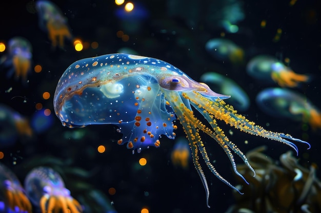 A photo capturing a group of jellyfish gracefully swimming in an aquarium Bioengineered marine life in the deep sea AI Generated