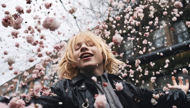 Photo a photo capturing the playful interaction of children with falling cherry blossoms