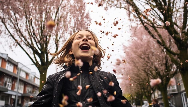 Photo a photo capturing the playful interaction of children with falling cherry blossoms