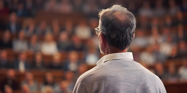 A photo capturing a professor giving a lecture in a university lecture hall Concept Academic Setting University Lecture Professor Teaching Higher Education Classroom Scene