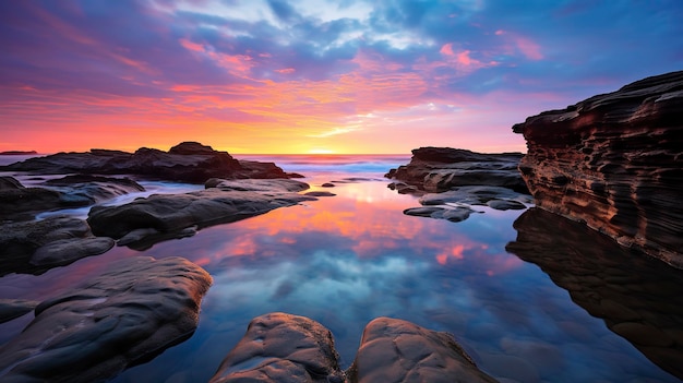 A Photo capturing the reflections of a serene beach sunset on a tide pool's surface