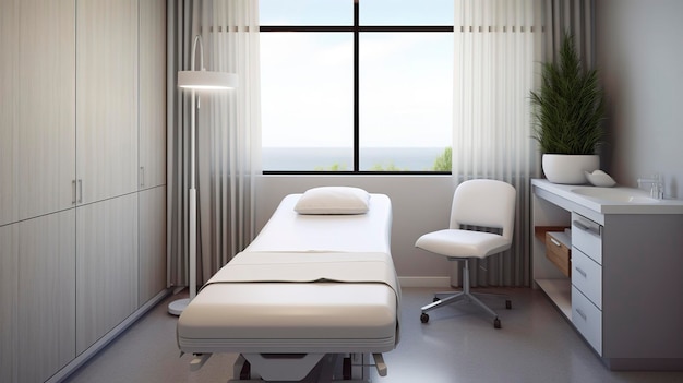 A Photo capturing the sleek and modern appearance of a minimalist hospital treatment room