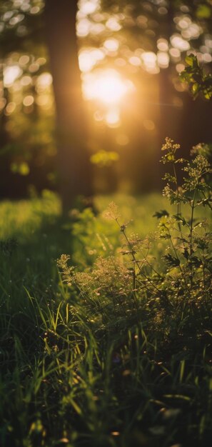 A photo capturing the sunlight as it filters through the trees and illuminates the grass beneath