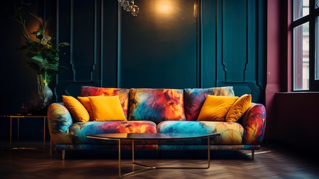 A Photo capturing the vibrant colors and comfort of a lounge sofa with soft cushions