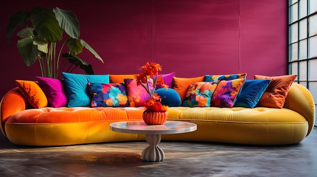 A Photo capturing the vibrant colors and comfort of a lounge sofa with soft cushions