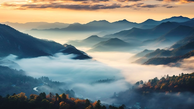 A Photo capturing the vibrant colors and misty atmosphere of a mountain range on a foggy