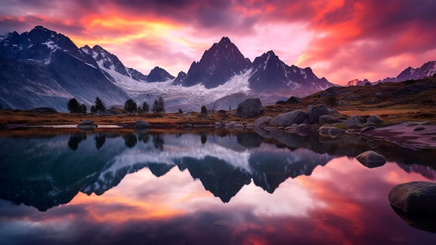 A Photo capturing the vibrant colors and tranquility of a mountain range reflected in a mountain