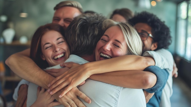 Photo capturing a warm group hug amongst a diverse team of professionals symbolizing teamwork and happiness