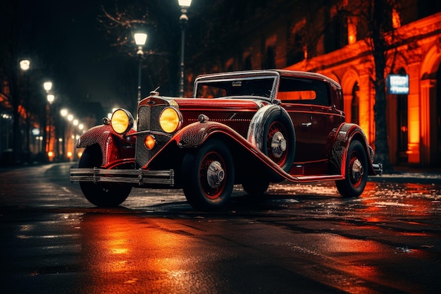 Photo a car in the city with lights on the background