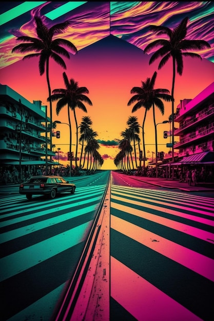 A photo of car driving down street with palm trees generative ai