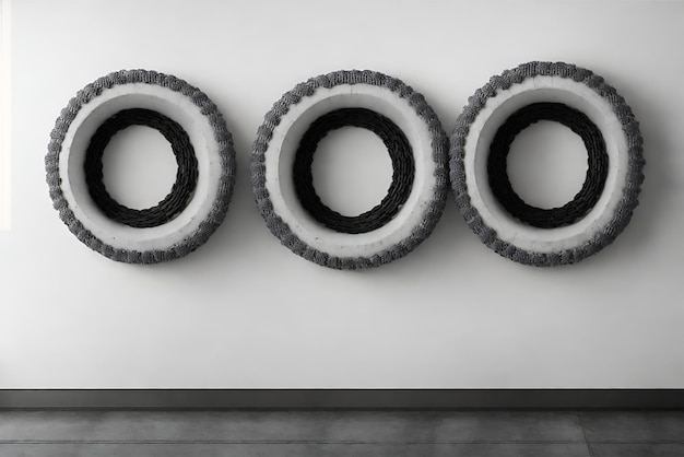 Photo car tires in row isolated on white wall 3d rendering illustration