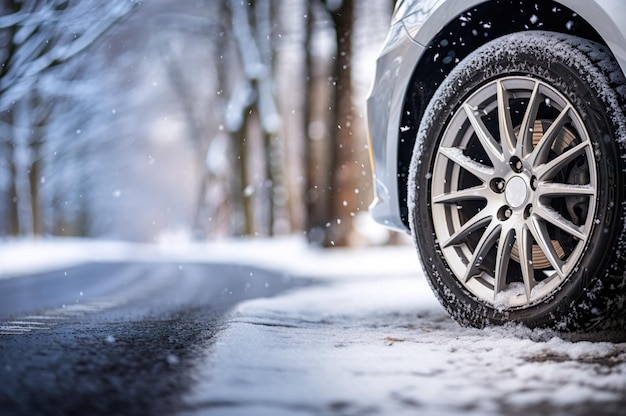 Photo of car with winter tire on the snow High quality photo