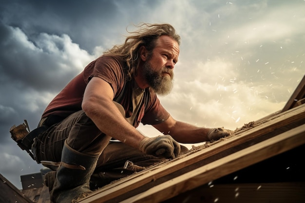 photo carpenter man working on a roof